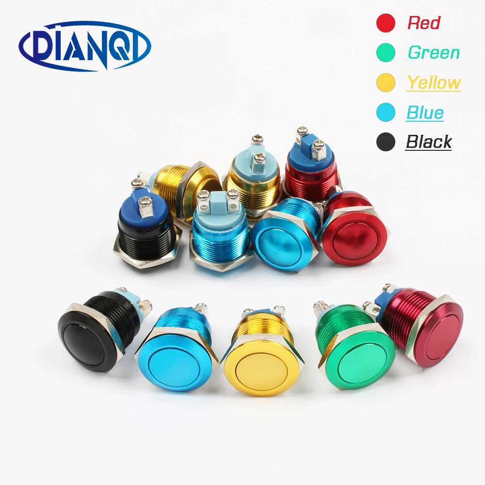 19mm Metal Oxidized Push Button Switch 1NO Auto Reset Press Button Screw Terminal Fflat Round High Momentary Black Green Red