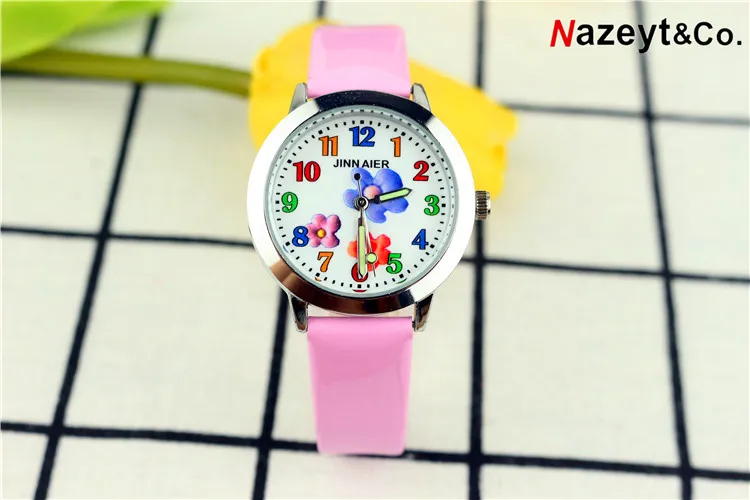 Ppromotion kleine jungen und mädchen blume gesicht einfache design quarz armbanduhr chilidren kinder luminous hände leder uhr