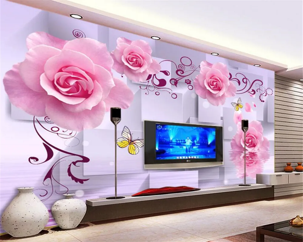 

beibehang Pink Rose Romantic Flower Water Reflection 3D Background Wall 3d wallpaper papel de parede wallpape for living room