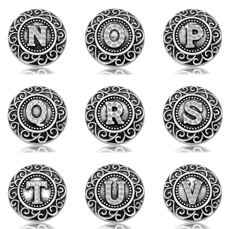 26pcs N-Z Alphabet Letters Charm Round pattern crystal Metal 18MM snap buttons for DIY snap jewelry KZ3092