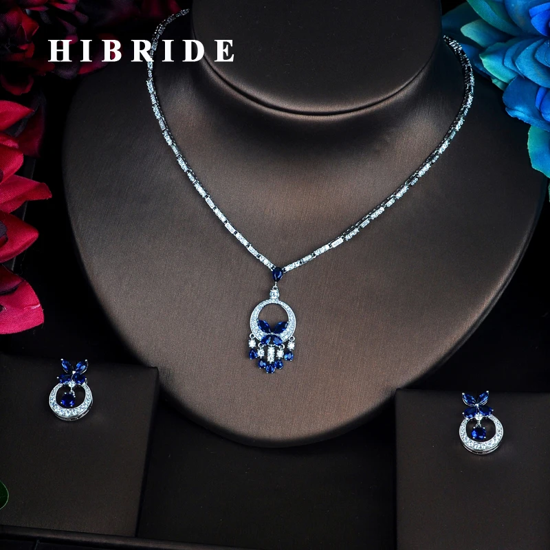HIBRIDE Charm Classic Flower Blue Cubic Zirconia Full Jewelry Sets For Women Dress Accessories Wedding Bride Necklace Set N-353