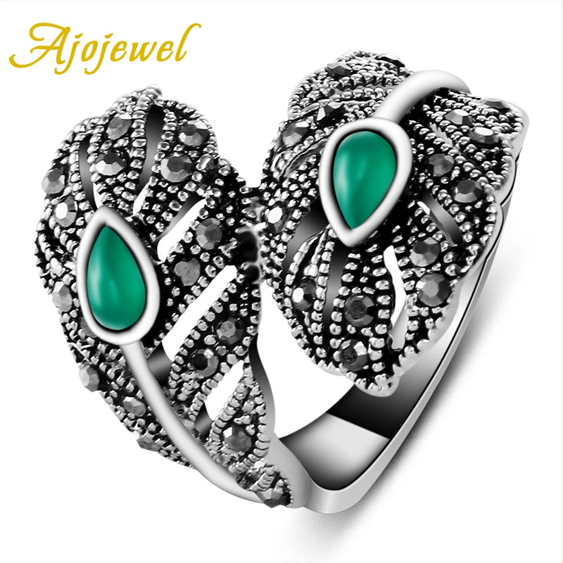 Ajojewel Vintage Ladies Jewelry Leaf Green Rings For Women (Size 6.7.8.9 )