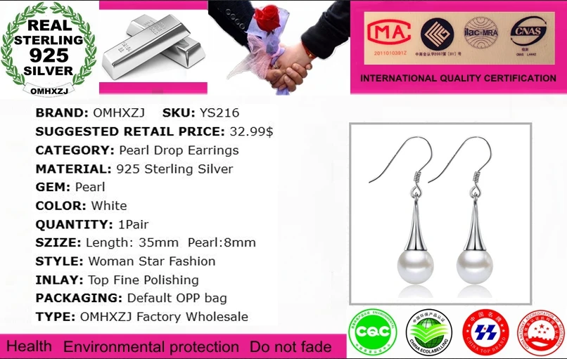 OMHXFC Wholesale Simple joker for Woman Gift Water Drop 8mm Pearl 925 Sterling Silver drop Earrings YS216