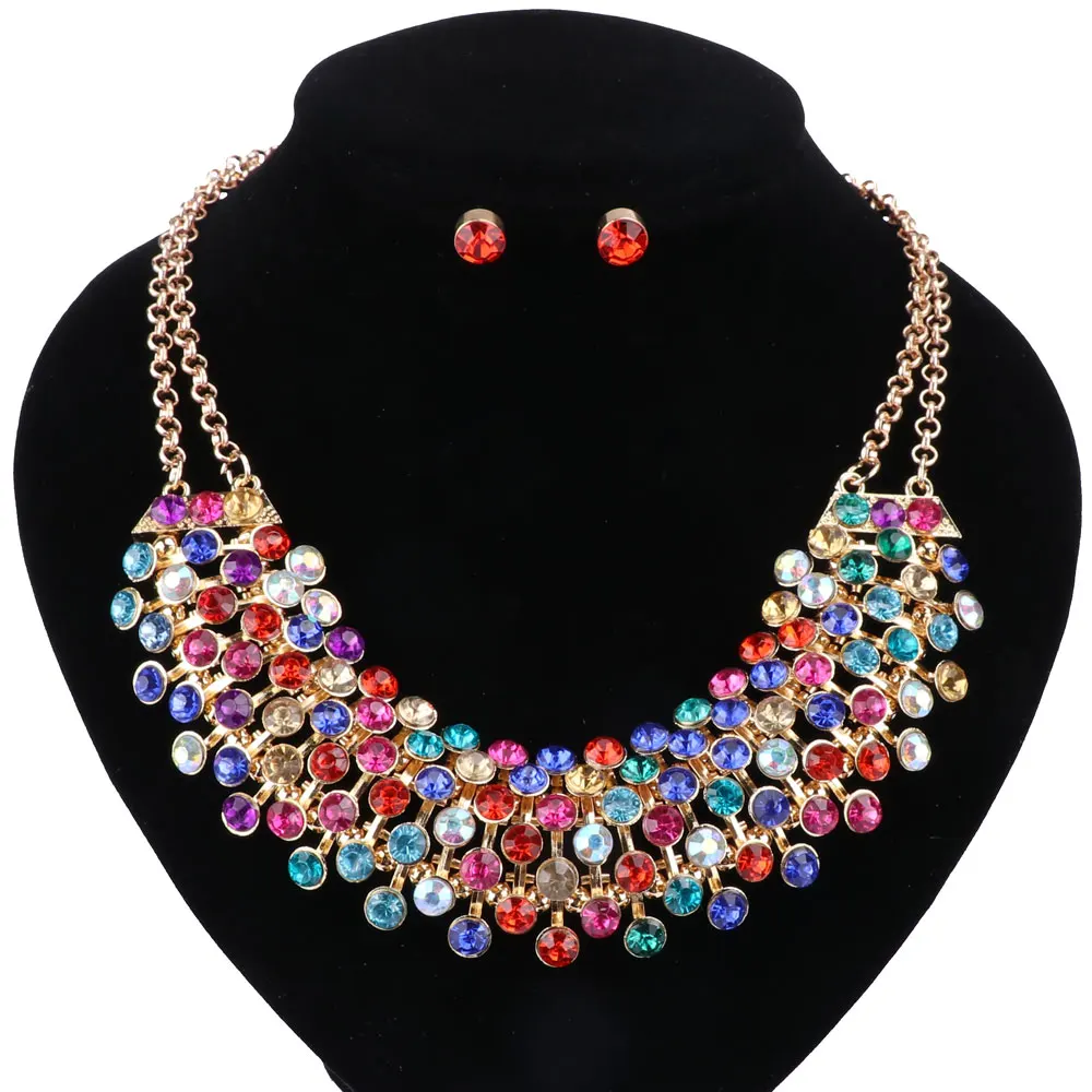 African Jewelry Sets Gold Color For Women Party Accessories Wedding Bridal Double Layers Pendant Crystal Necklace Earrings Sets