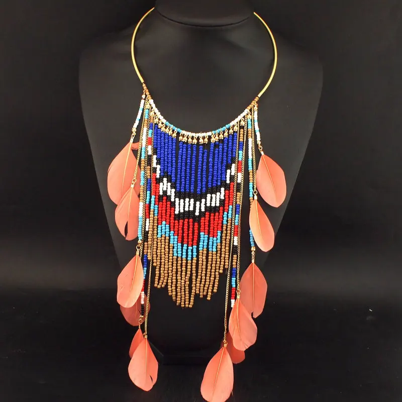 UKEN Bohemian Multicolor Beaded Feather Pendants Necklaces Ethnic Jewelry Women Long Resin Hanging Bead Statement Necklaces