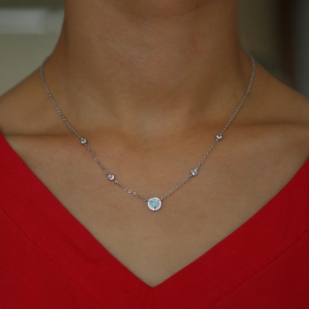 2018 high quality fire opal clear sparking cz stone silver color round pendant delicate thin gold color chain necklace