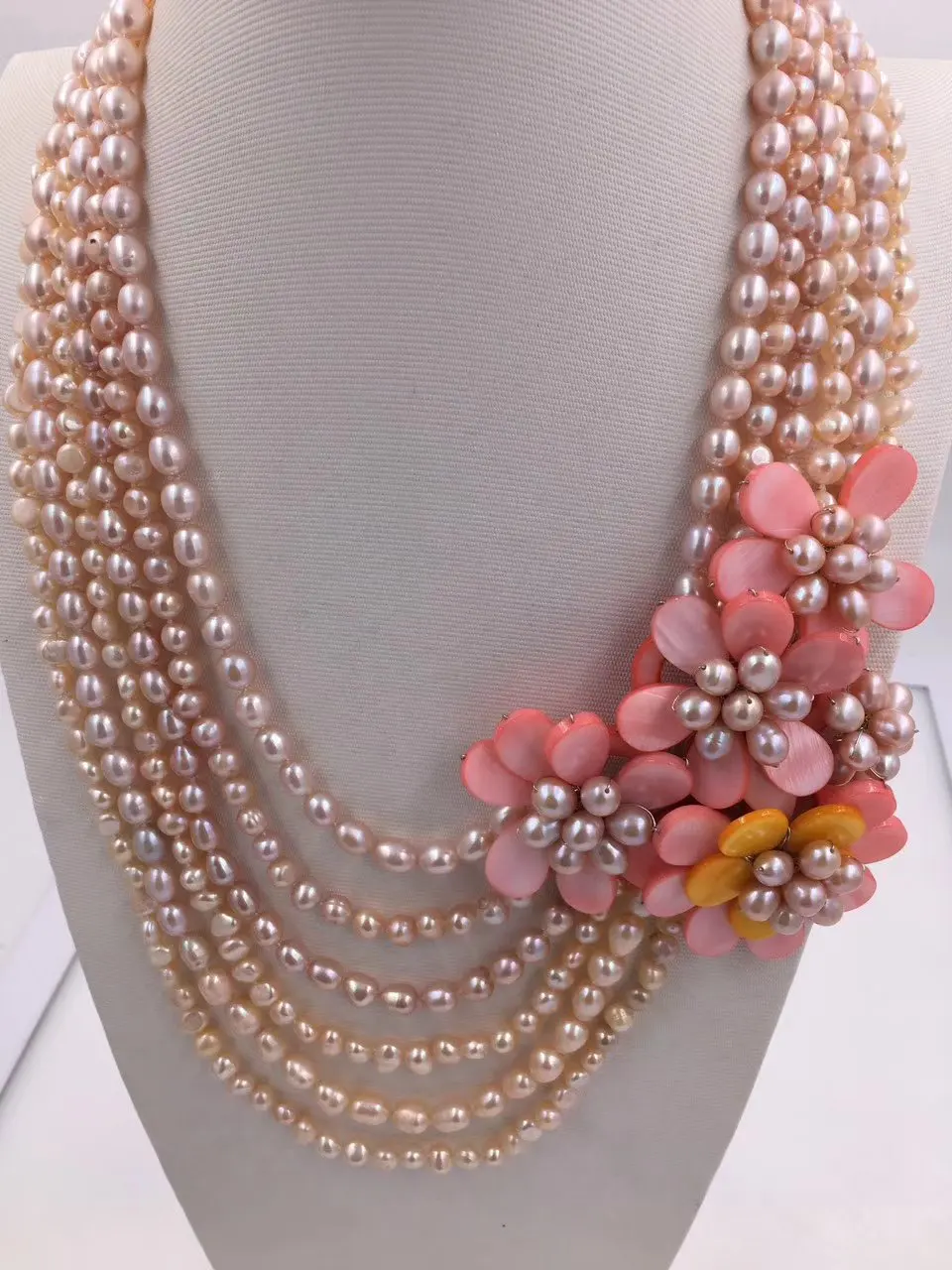 6rows freshwater pearl pink  & shell flower necklace 18-22inch nature   gift baroque wholesale beads FPPJ