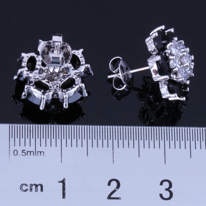 Pleasant Flower Black Cubic Zirconia White CZ Silver Plated Stud Earrings V0870