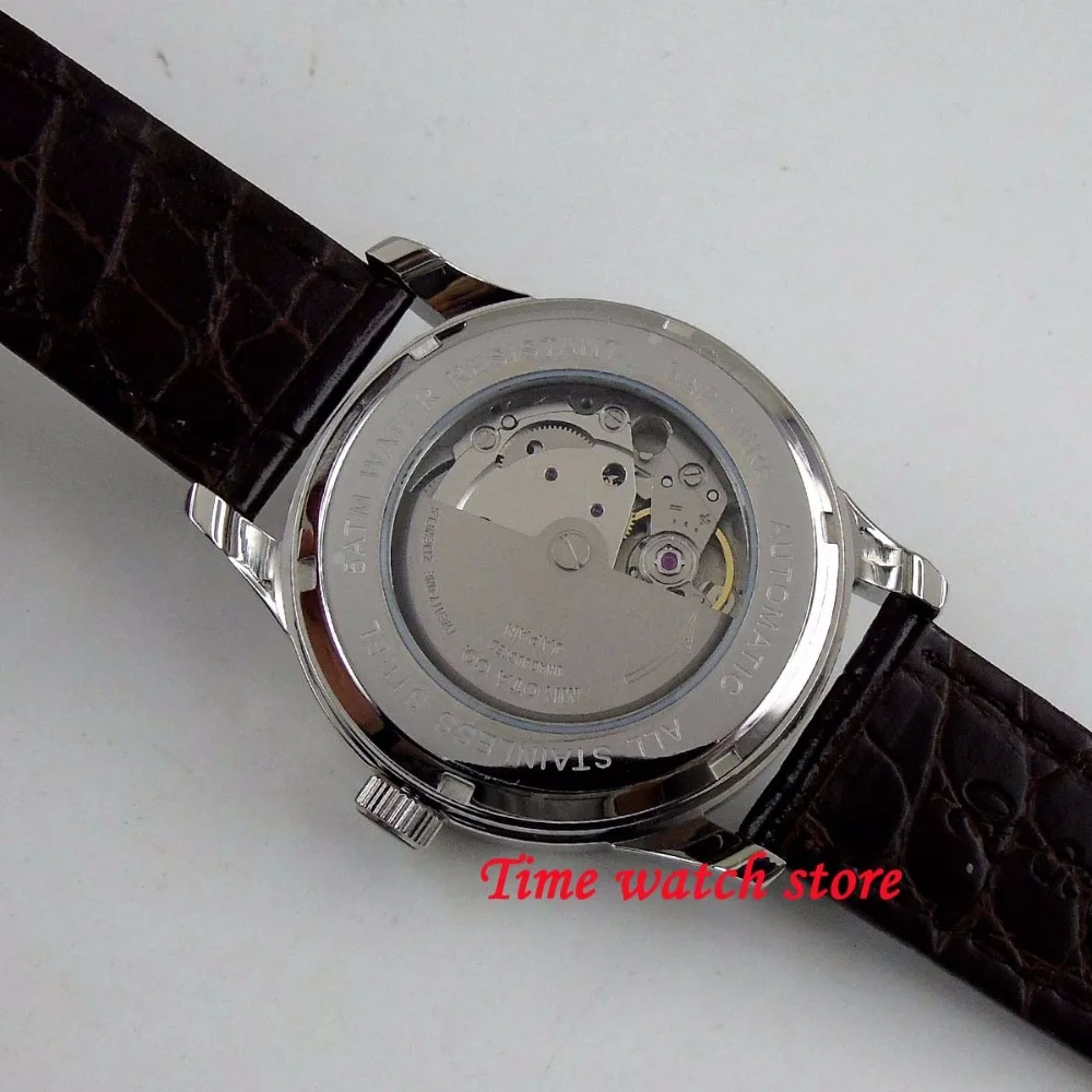 40มม.Silver Dial Miyota 8205 Movement นาฬิกาผู้ชายอัตโนมัตินาฬิกาข้อมือ Sapphire Glass วันที่สัปดาห์สายหนัง