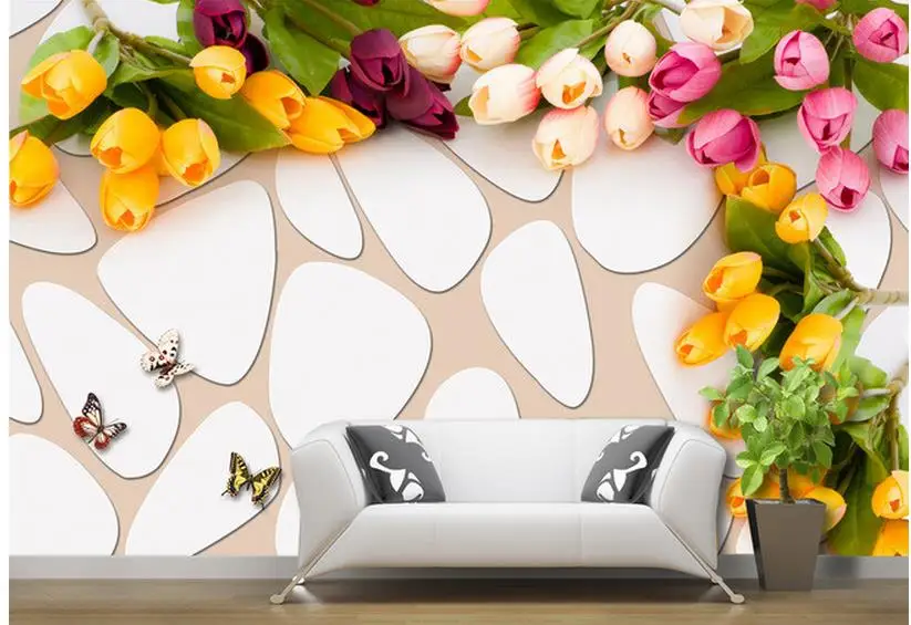 

3d stereoscopic wallpaper 3d wallpaper Tulip flowers butterfly fashion simple background wall living 3d wallpaper