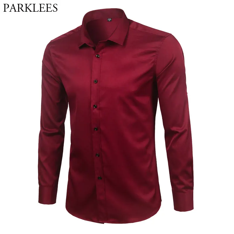 Brand Wine Red Bamboo Fiber Mens Dress Shirts Slim Fit Long Sleeve Chemise Homme Casual Button Down Elastic Formal Male Shirt