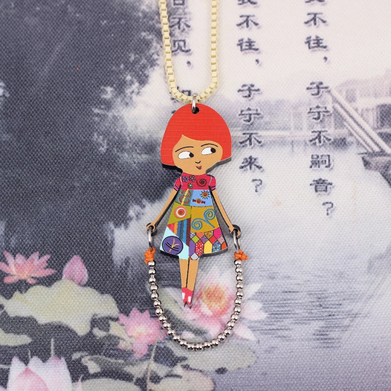 Bonsny Acrylic Cute Jump Rope Girls Pendant Long Chain Charms Dance Necklace Brand Fashion Jewelry For Women Gifts Accessories