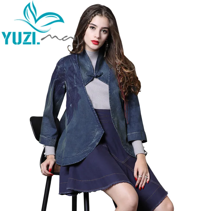 Jacket Women 2018 Yuzi.may Boho New Denim Women Coat  Flower Embroidery Stand Collar Vintage Jackets B9266 Casaco Feminino