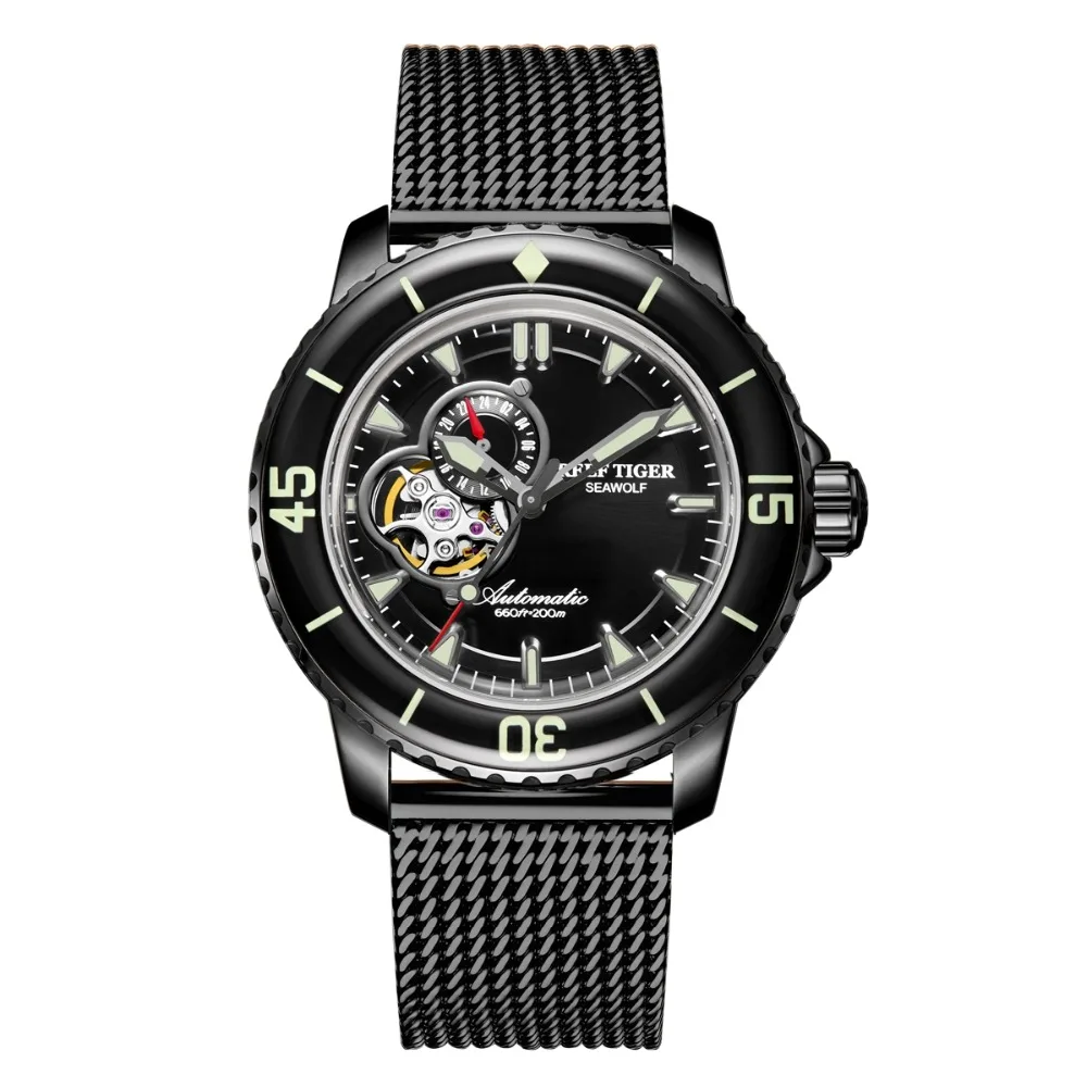 Reef Tiger RGA3039 Men 200M Waterproof With Super Luminous Hallow-out Dial Automatic Mechanical Wrist Watches - Steel