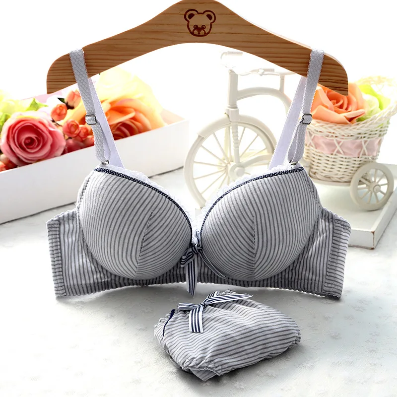 

Sanderala Women Lace Bow Comfortable Lingerie Stripe Bra Thin Push Up Wire Free Beauty Back Bra Panties Set Underwear