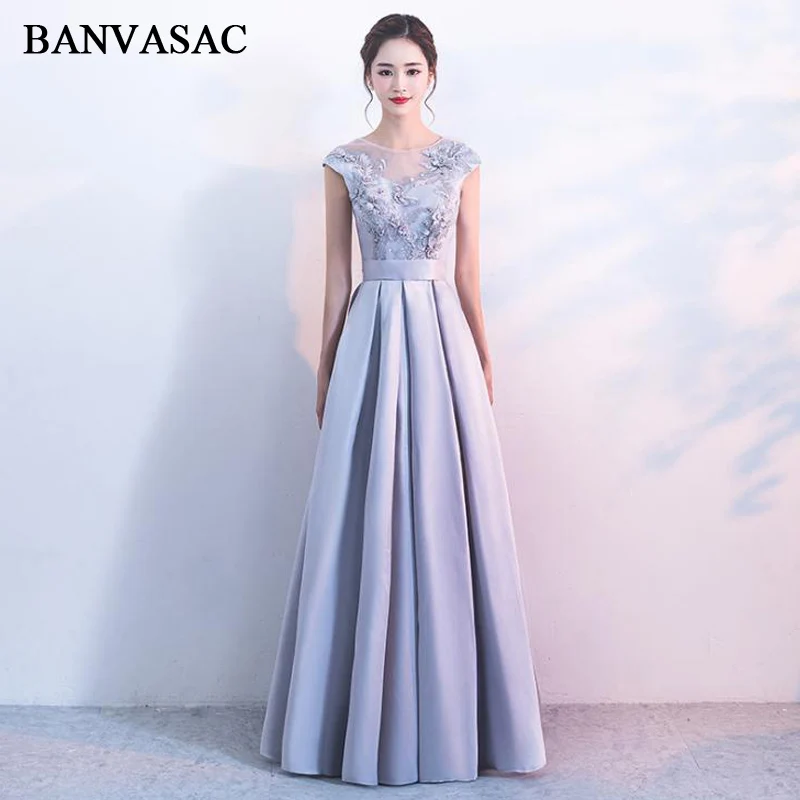 

BANVASAC Illusion O Neck 2018 Lace Flowers Appliques Long Evening Dresses Party A Line Pearls Sash Backless Prom Gowns