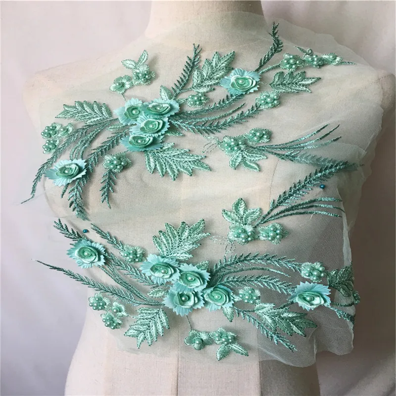 Pretty Mint Green Pearl Beaded 3D Flower Embroidered Lace Applique For Wedding Dress Costumes 2PC