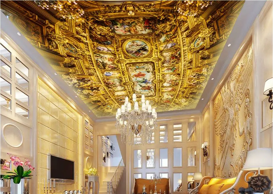 3d wallpaper mural ceiling Luxury golden European architecture ceiling frescoes ceiling wallpaper walls 3d for living room