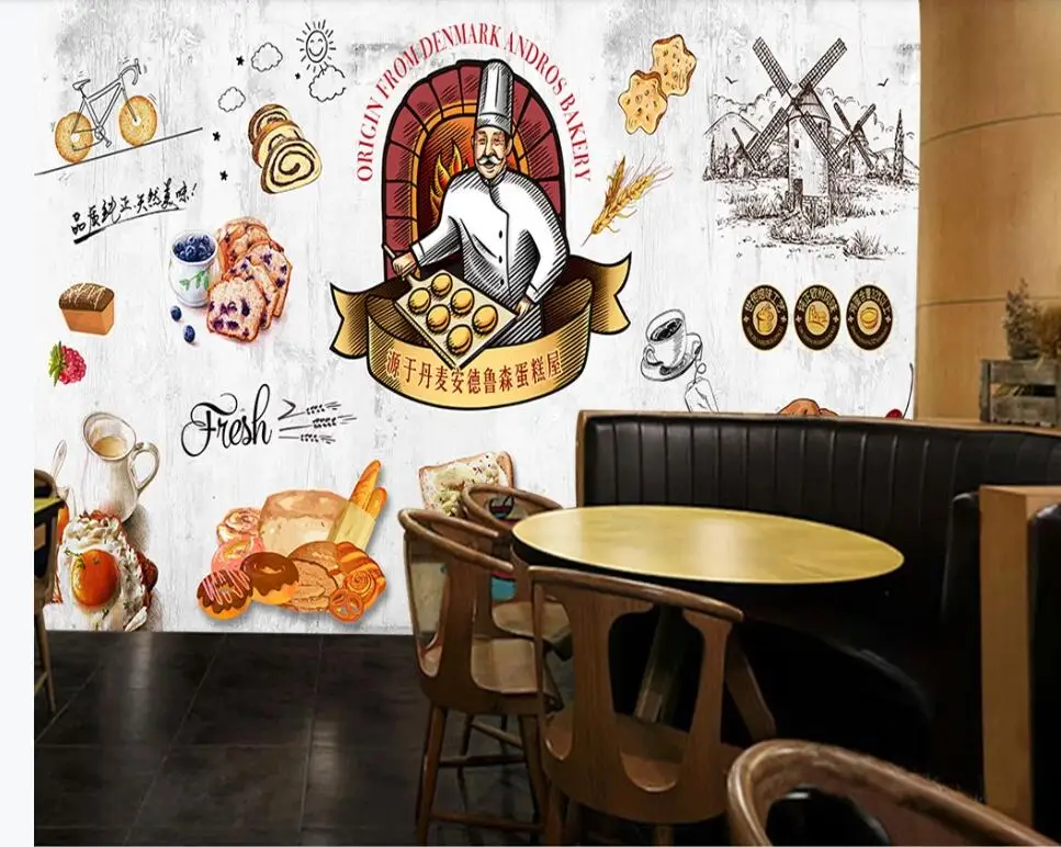 Custom wallpaper mural retro European dining gourmet bread milk tea leisure background wall