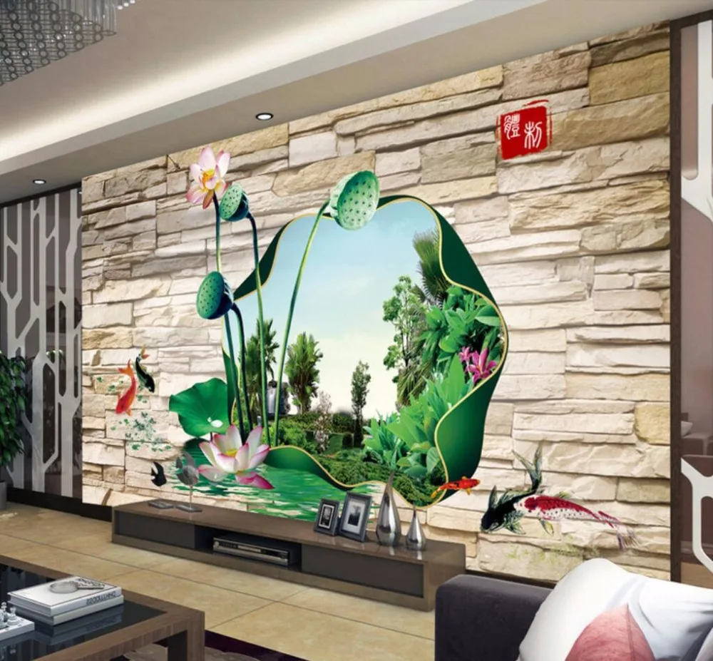 

beibehang Custom Wallpaper Home Decorative Mural 3D Retro Culture Brick Lotus and Fish TV Background wall mural 3d wallpaper