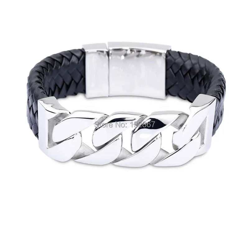 High Quality Jewelry 110g Heavy Genuine Black Leather 316L Stainless Steel Mens Curb Bracelet 9''