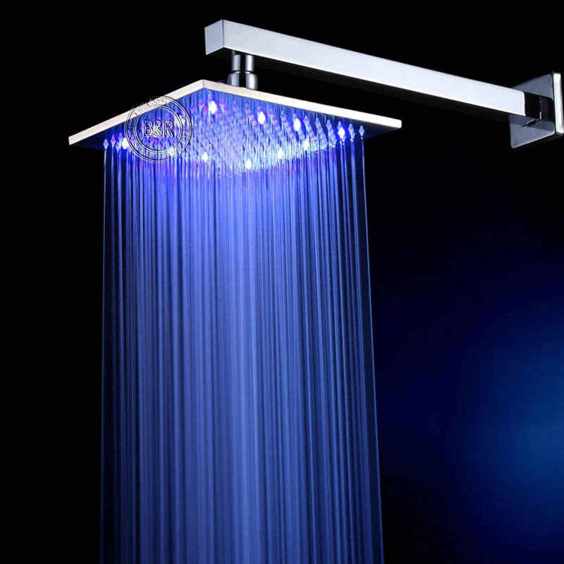 Brand New 8 10 12 Inch Wall Mounted  Bathroom water shower head colour changing Square  led rainfall shower head+ Shower Arm