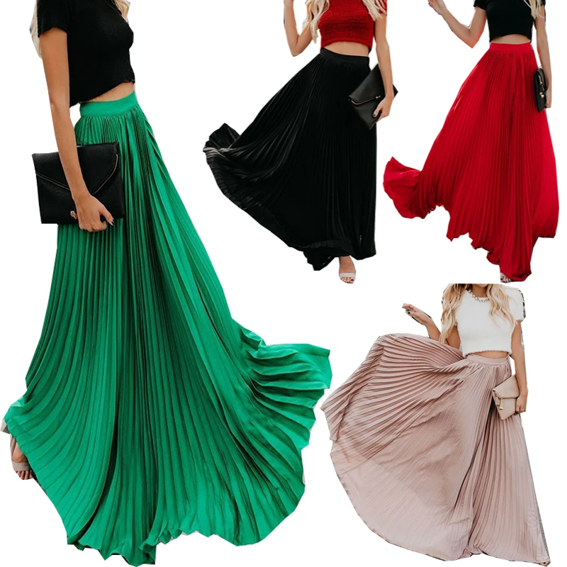 New Spring Summer High Waist Pleated Skirt Women Chiffon Skirt Long Skirt Solid Big Size Young Ladies Party Saia Femme 3xl