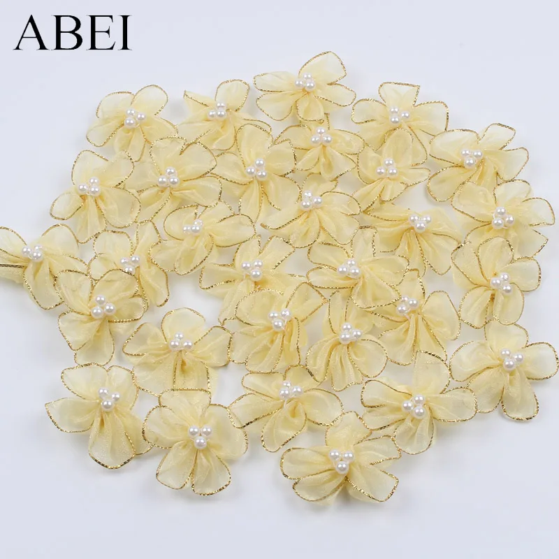 30pcs 4cm Handmade Organza Flower Head Silk Artificial Flower for Crown Jewelry Dress Headwear Wedding Home Decoration DIY rose