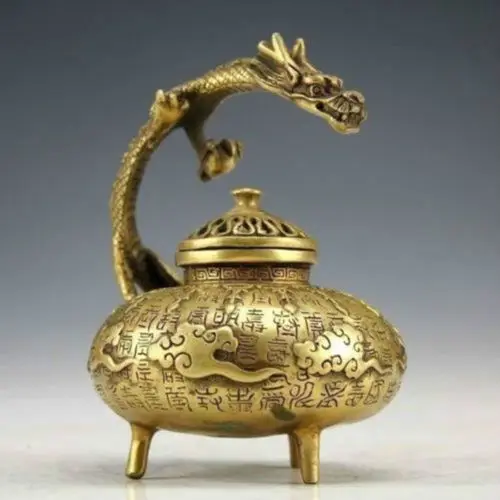 

Arts Crafts Copper Exquisite Chinese Vintage Handwork Brass Carved Dragon Incense Burner