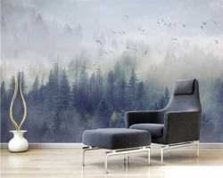 Custom mural mist forest decorative painting mountain pine forest flying birds snow mountain landscape painting 3d wallpaper