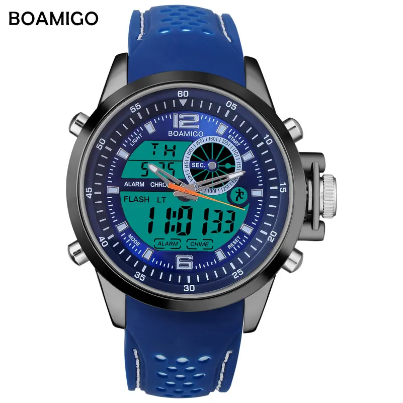 

Men Sports Watch Military Quartz Watch Rubber Band BOAMIGO Brand Blue LED Analog Digital Wristwatch 30M Waterproof Reloj Hombre