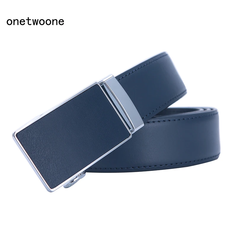 Mens High Quality Genuine Leather Belt-Ratchet Automatic Buckle Men Belt Popular Business Blue Luxury Mens Belts 3.0 cm Width