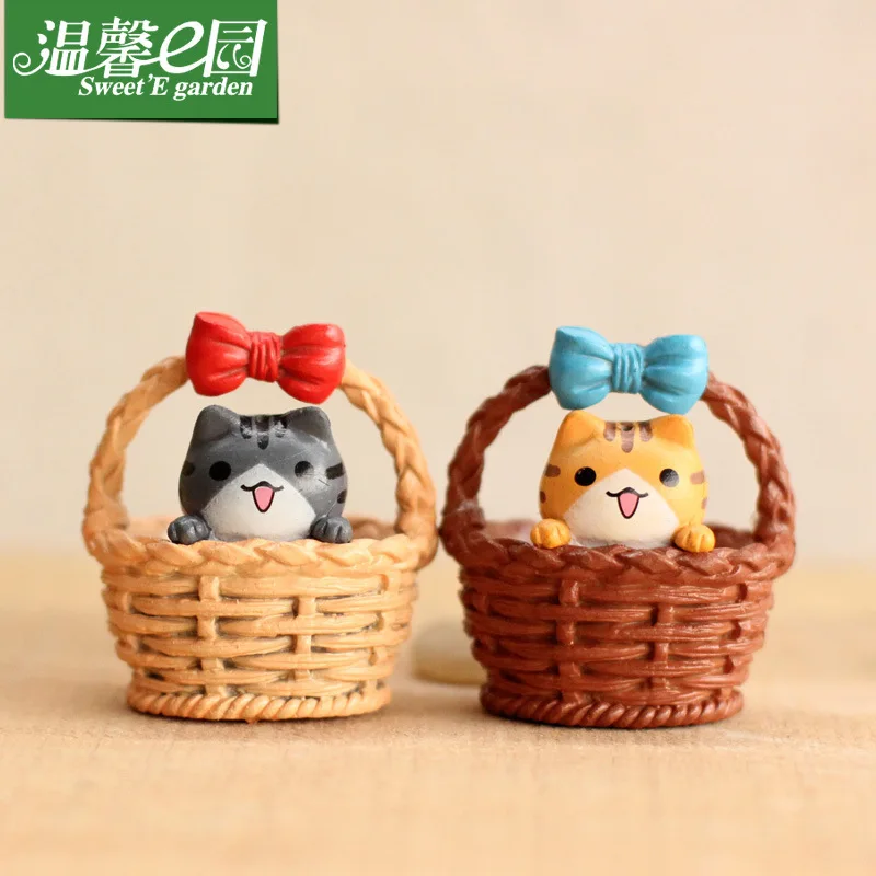 4 pcs set moss micro-landscape ornaments flat-bottomed bamboo basket kitten set-up DIY assembly