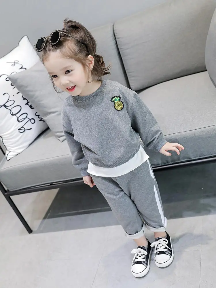 Children's pineapple loose sweater + white pull-ups casual pants 2pcs set of 2020 girls spring and autumn fashion sports suit