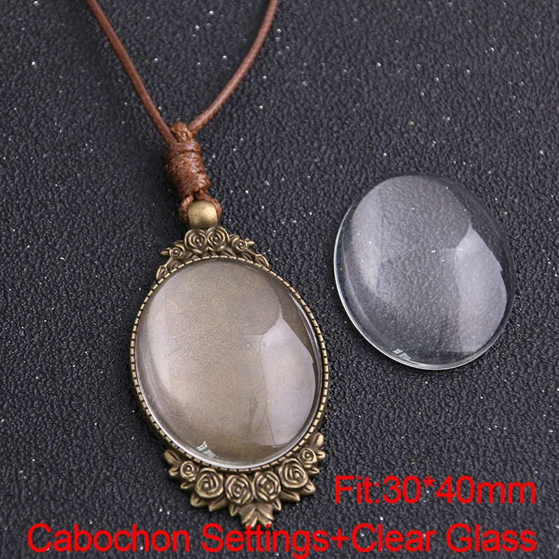 1pcs Zinc Alloy Two Color 30*40mm Oval Rose Cabochon Settings Blank Cameo Pendant Base Tray With Leather Cord For Jewelry Making