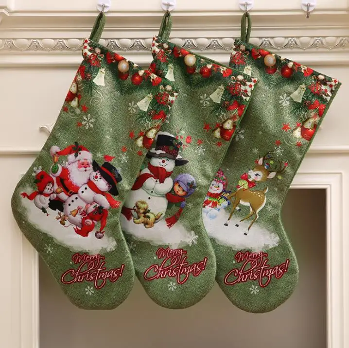 Christmas Party Large Stockings Deer Snowman Santa Claus Print  Gift Bags Holders Xmas Long Socks presents favor apple wrap