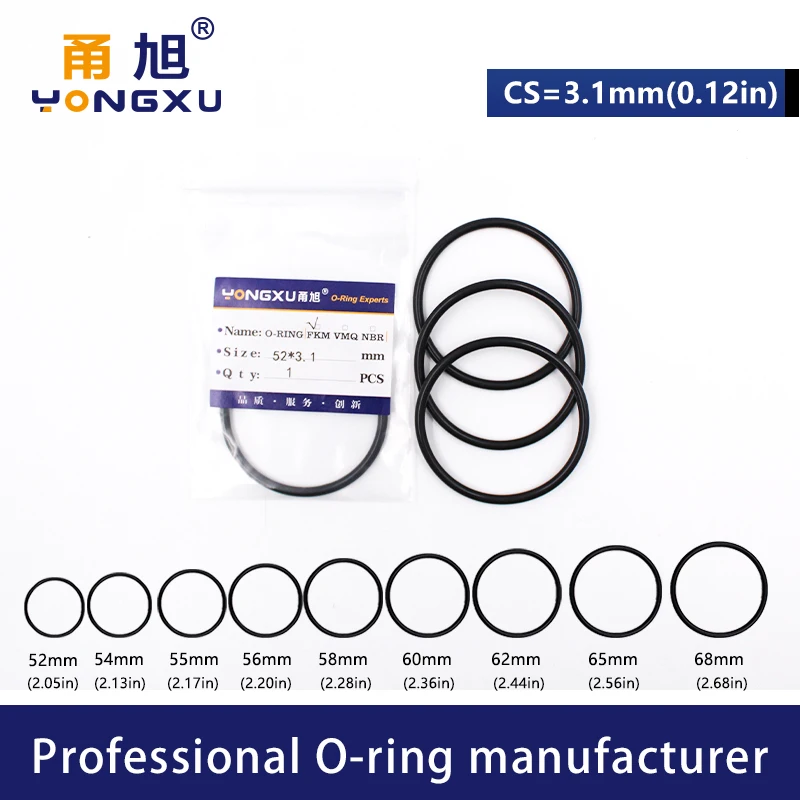 2PC Black FKM fluororubber O-rings Seals CS3.1mm OD52/54/55/56/58/60/62/65/68*3.1mm ORings Seal Gasket Oil Ring Sealing Washer