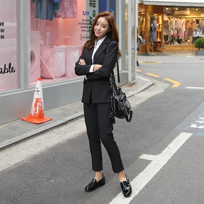 Autumn Women Pencil Pant Suits 2 Two Piece Sets Black Solid Blazer + Pencil Pant Office Lady Notched Jacket Female Outfits