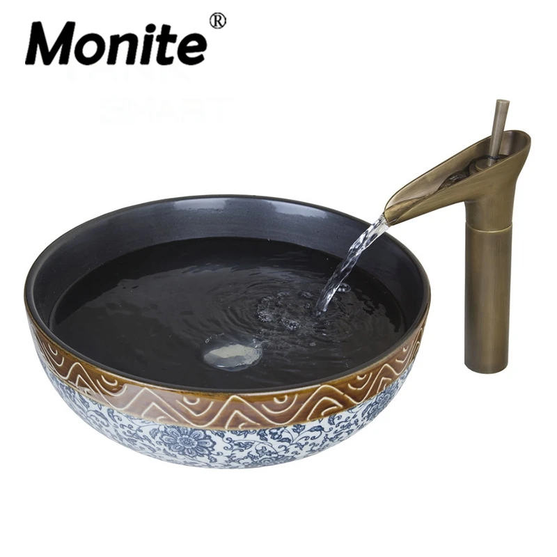 

Monite Art Antique Bathroom Sink Set Round Ceramic Vessel Sink With Waterfall Faucet With Black Inside