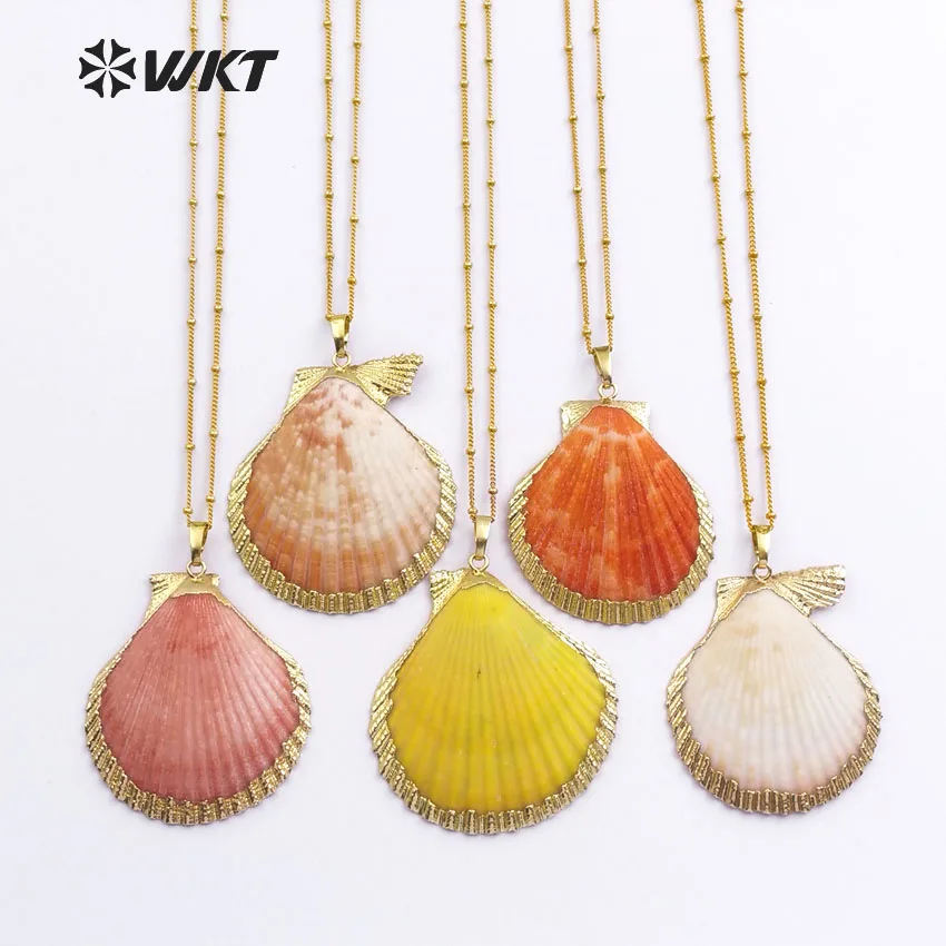 

WT-N284 Wholesale Custom Natural colorful sea shell necklace with 24K gold trim on edged