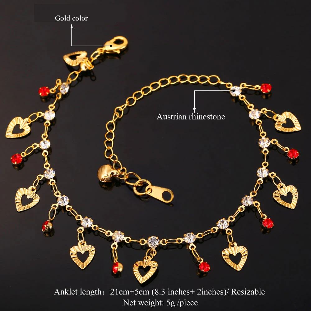 U7 Trendy Heart Anklet Summer Jewelry Gift Red Crystal Gold Color Ankle Foot Chain Bracelet For Women A301