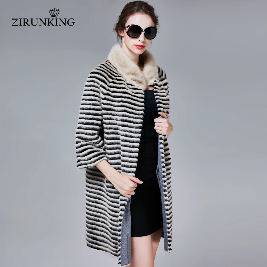 ZIRUNKING Classic Real Mink Fur Coat Female Long Natural Knitted Stripe Parka Autumn Warm Slim Shuba Fashion Clothing ZC1706