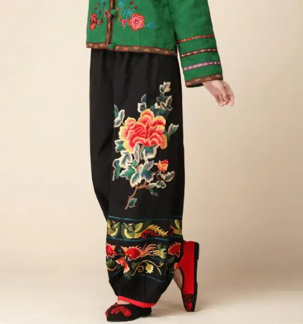 

Linen Embroidery Women Pants Autumn Trouser Loose Chinese Elderly Bloomers Flower Ethnic Vintage