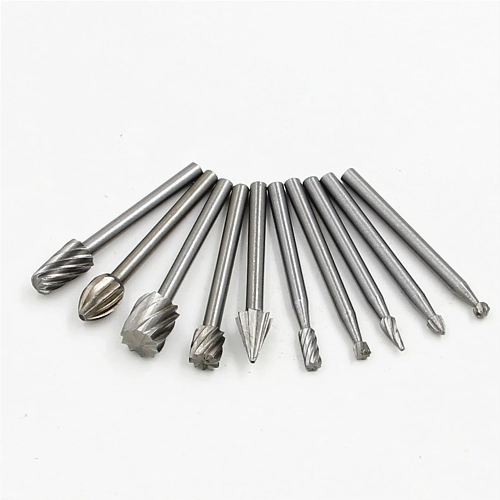 10pcs 1/8'' Shank HSS Steel Rotary Burrs Cutter Engraving Grinding Bit For Rotary File Cutter Tools Woodworking DIY