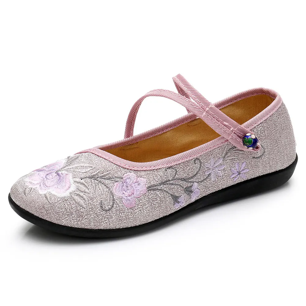 Veowalk Chinese Vintage Flower Embroidered Women Cotton Ballet Flats Triangle Buckles Ladies Soft Foldable Comfort Shoes