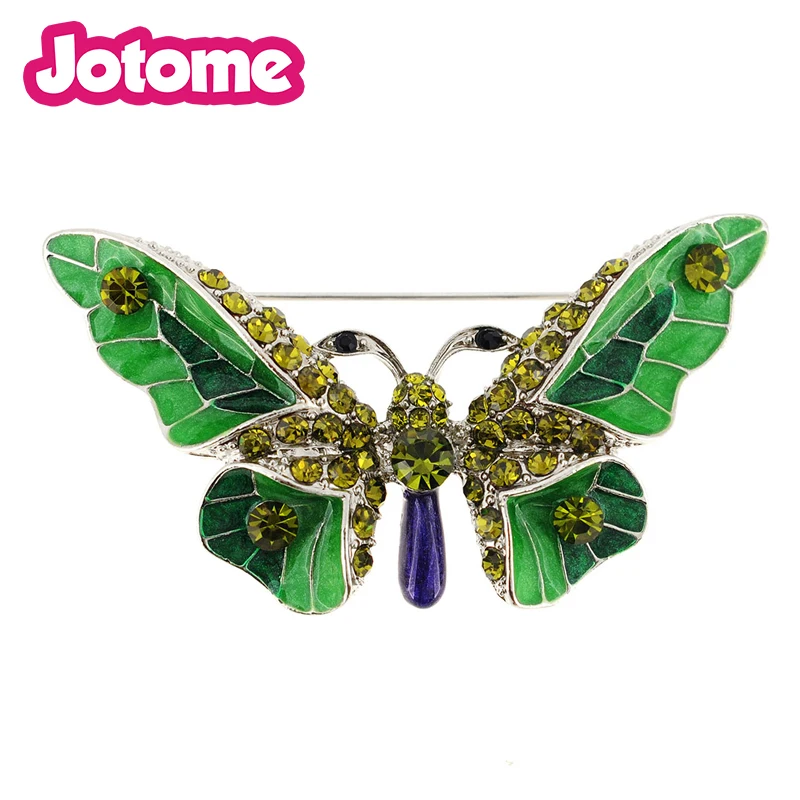 

100pcs/lot Empress Monarch Winged Crystal Rhinestone Green Enamel Butterfly Pin Brooch