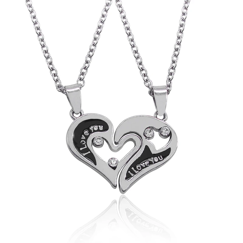 2 Piece Set I Love You Heart-Shaped Mosaic Necklace Set Ladies Couple Jewelry Hollow  Broken Heart Alloy Pendant Gift