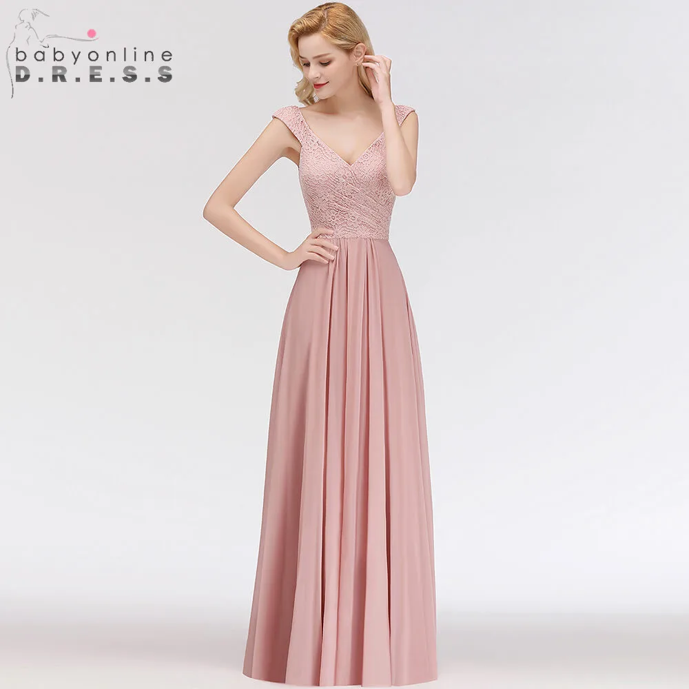 Vestido Madrinha Dusty Rose koronkowe długie suknie dla druhny Sexy linia szyfonowa sukienka na ślub szata na imprezę Demoiselle D'honneur