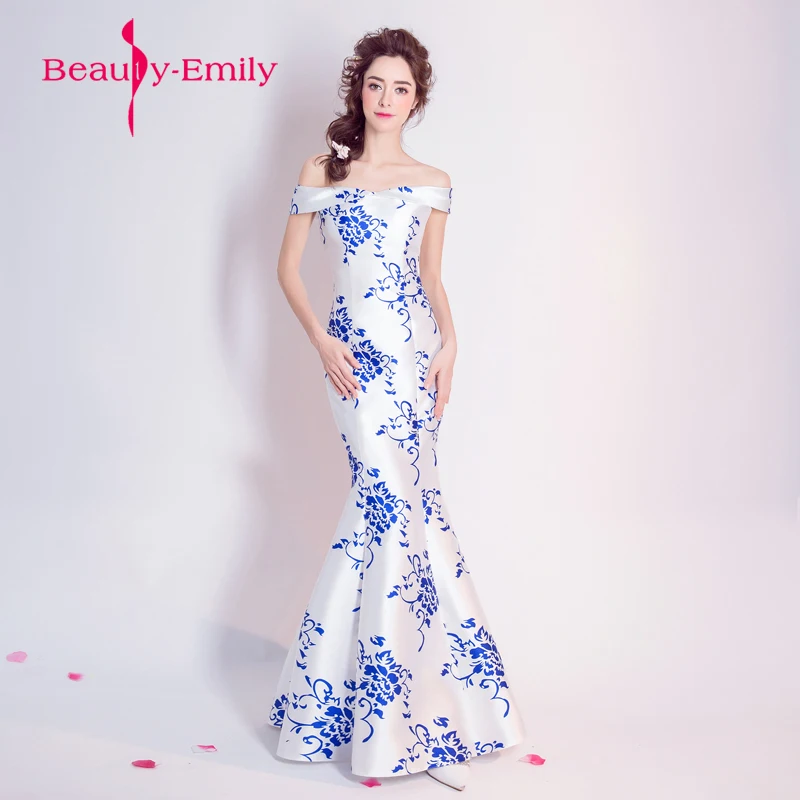 

Classic Style Blue and white porcelain evening dress vestido de festa 2019 graduation prom gowns boat neck formal dresses