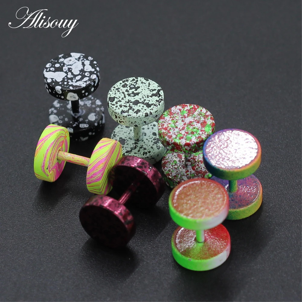 Alisouy 1 pair fashion men cool fake ear plugs Round stud earrings 8mm stainless steel Nightclub candy color Paint Punk jewelry